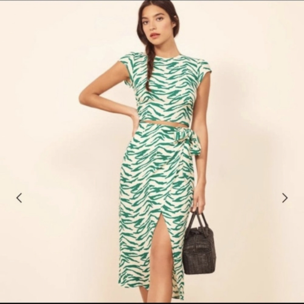 Reformation Alana green zebra wrap dress